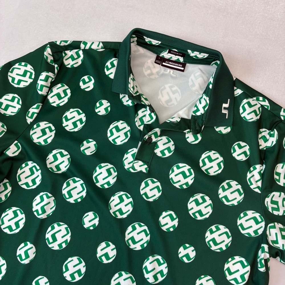 J.Lindeberg Polo Shirt Mens L Green Tour Tech Regular Fit Print GMJT07644 Golf